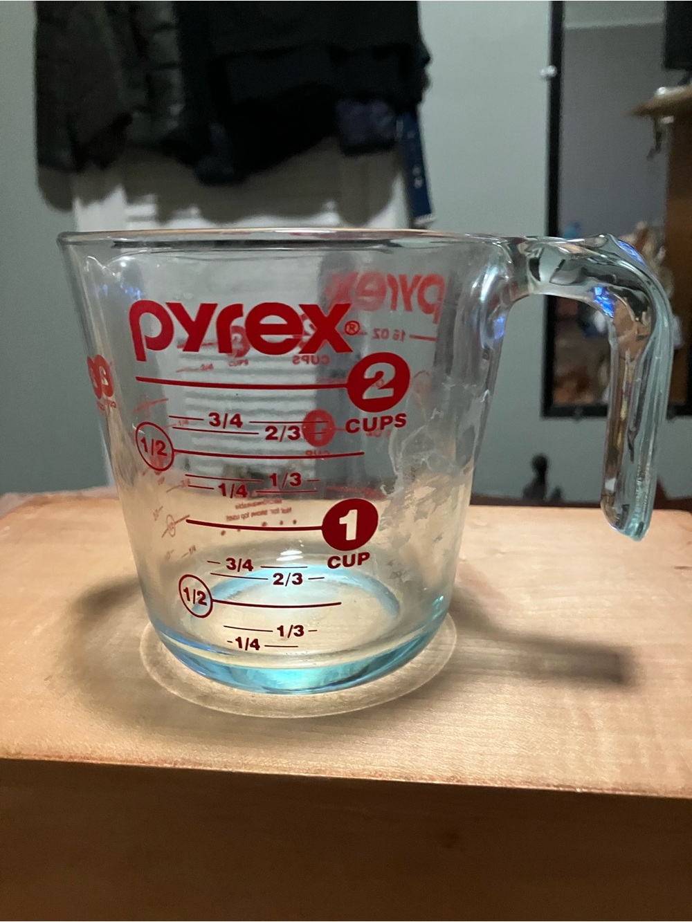 Pyrex Glass Measuring Cup with Red Markings and Clear Glass